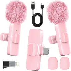 Microfone de lapela sem fio, K1K9 rosa, um para dois, microfone de rádio com redução de ruído ao vivo para celular