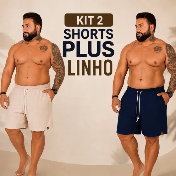 Kit 2 Shorts Plus Size Masculino em Linho Premium com Elástico e Cordão – Confortável e Casual