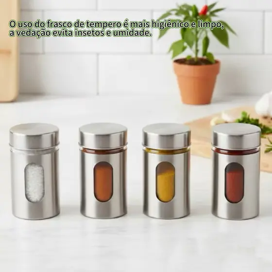 Saleiro Regulável Inox com Janela de Vidro Pote de Sal Pimenta 160ml
