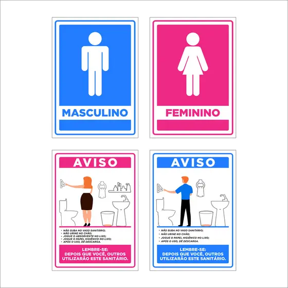 Kit 4 Placas Banheiro Masculino Feminino + Aviso
