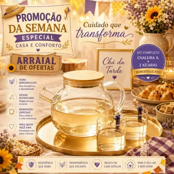 Kit ChaleiraTampa Bambu com 2 Xícaras Vidro Borossilicato Cha Cafe Elegante Premium Dia Das Mães