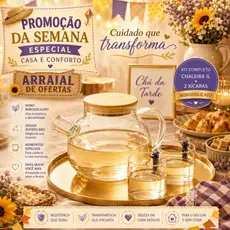 Kit ChaleiraTampa Bambu com 2 Xícaras Vidro Borossilicato Cha Cafe Elegante Premium Dia Das Mães