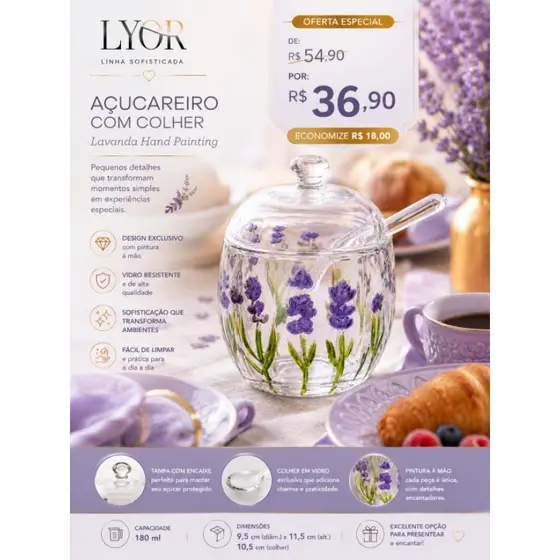 Açucareiro Lyor Lavanda Vidro com Tampa e Colher 180ml Porta Açúcar Decorativo