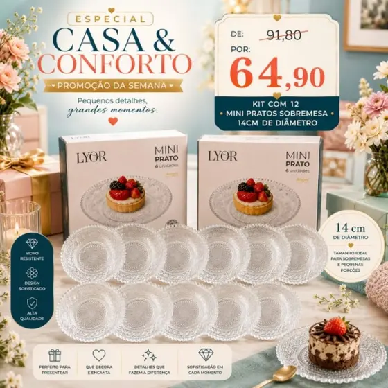 Jogo 12 Pratos Sobremesa Lyor Vidro Transparente 14cm Mesa Posta Festa Restaurante Premium