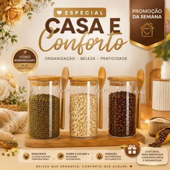 Pote de Vidro com Tampa Colher de Bambu 410ml Porta Temperos Açúcar Café Condimentos Grãos Conjunto