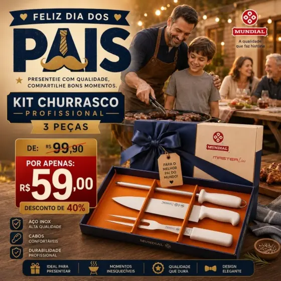 KIT CHURRASCO PROFISSIONAL 3 PEÇAS MONDIAL FACA GARFO AMOLADOR AÇO INOX RESISTENTE