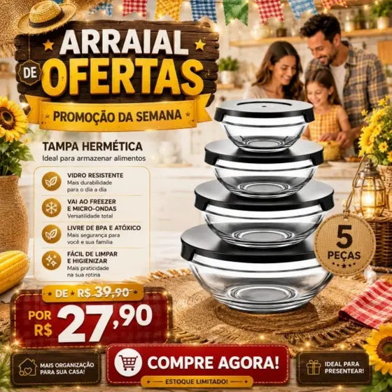 Kit 5 Potes de Vidro com Tampa Hermetica Organizacao Cozinha Armazenamento Alimentos