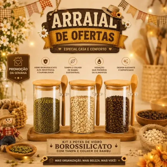 Kit 3 Potes de Vidro com Tampa Colher de Bambu 410ml Porta Temperos Mantimentos Organização Dia das Mães