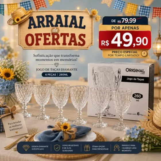Jogo de Taças Diamante 260ml Kit 6 Peças Taças de Vidro Elegantes para Água e Drinks