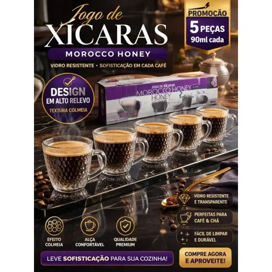 Jogo 5 Xícaras Vidro Morocco Honey Café Chá Luxo Elegante Dourado Presente Sofisticado Chá da tarde