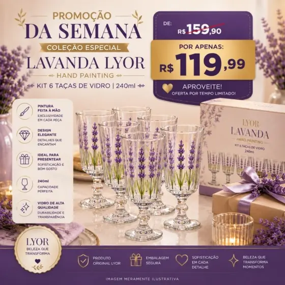 Taça Água Vidro 240ml Kit 6 Unidades Estampa Lavanda Copo Elegante Resistente