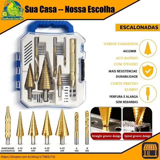 Brocas Titânio Escalonada Amarela Aço e Broca Corte Lateral Marcador Punção C/Estojo Organizador