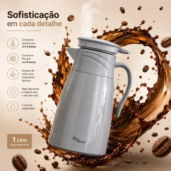 Garrafa Térmica  Delicada - Garrafa De Café 1 Litro Cinza