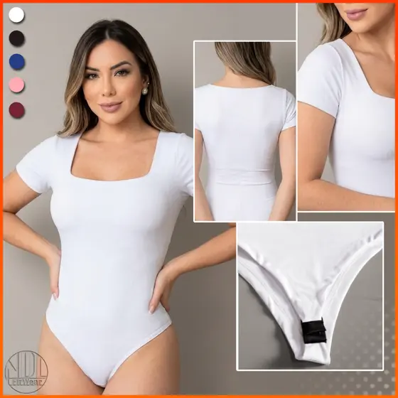 Body Feminino Manga Curta Decote Quadrado Casual Elegante Não Desbota Não Encolhe