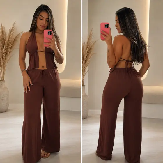Conjunto Mercy Feminino Cropped e Calça Tecido Dunas Look Moderno Elegante Confortável e Versátil