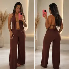 Conjunto Mercy Feminino Cropped e Calça Tecido Dunas Look Moderno Elegante Confortável e Versátil