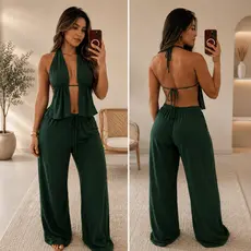 Conjunto Mercy Feminino Cropped e Calça em Tecido Dunas Moda Casual Chic Confortável Qualidade