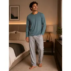 Conjunto Pijama Masculino Adulto Tecido Suede Manga Longa Calça Cinza Camisa Verde Inverno -Dormir -