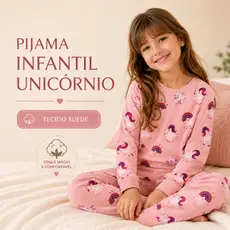 Conjunto Pijama Feminino Infantil Tecido Suede Manga Longa Rosa  Estampa Unicornio Arco-iris Inverno