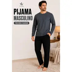 Conjunto Pijama Masculino Adulto Tecido Suede Camisa Longa Cinza Calça Preta Inverno Dormir -Noite -