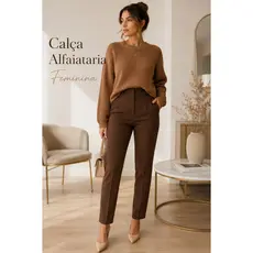 Calça Alfaiataria Feminina Cintura Alta Social Slim Elegante com Bolsos Casual Trabalho Office