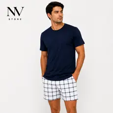Pijama Masculino Suede Camiseta Azul Marinho com Short Xadrez Branco e Azul P ao G1