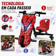 Triciclo Elétrico Drift Infantil 8" 350W 3 Velocidades Bluetooth LED Assento Amortecedor Mola