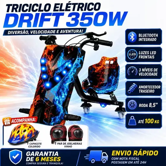 Triciclo Elétrico Drift Infantil 8 Polegadas 350W 3 Velocidades Bluetooth Assento Amortecido Proteção Anti-Colisão LED