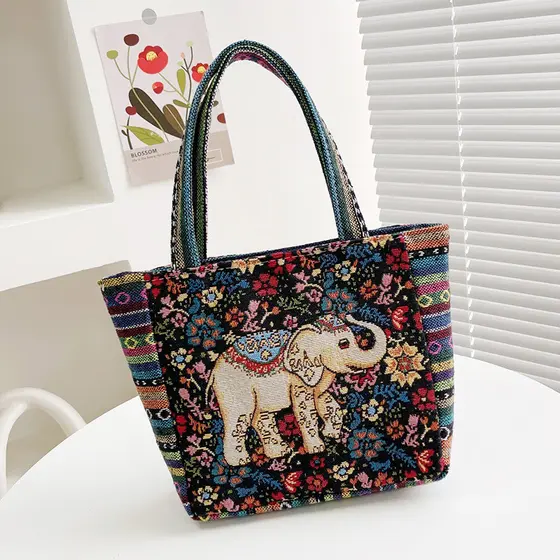 Xinmatai estilo étnico elefante saco feminino simples bolsa de trabalho bordado bolsa de lona portátil pequena bolsa