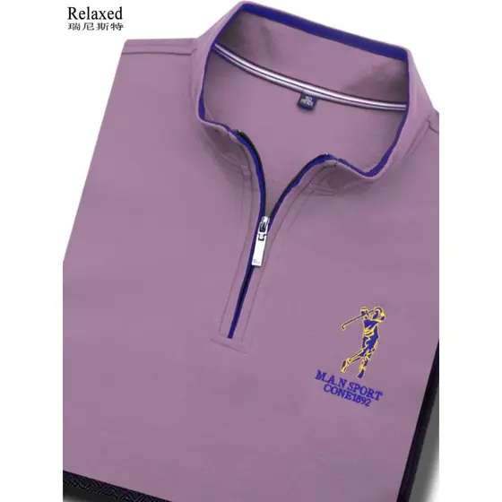 Camiseta masculina de manga comprida com gola alta e meio zíper, camisa Polo de algodão puro, gola alta
