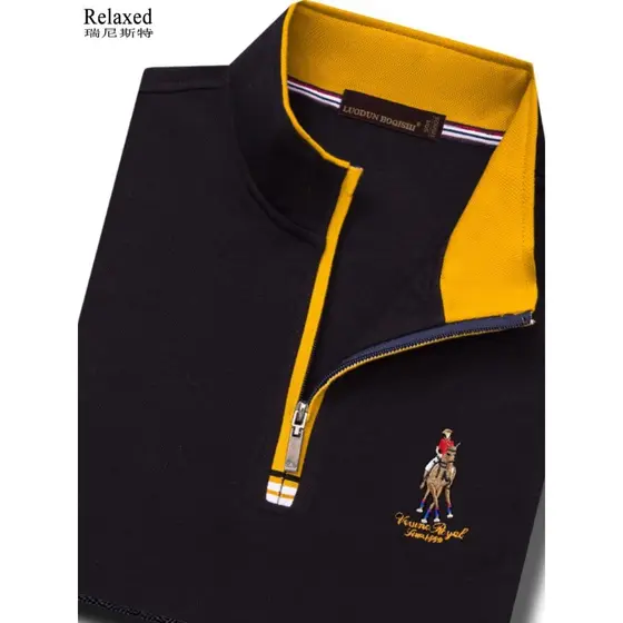 Camiseta masculina de manga comprida com gola alta e zíper, gola meia alta, camisa POLO preta de alta qualidade, algodão