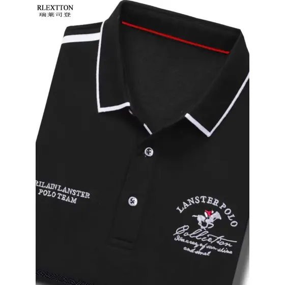 Camiseta masculina de manga comprida de alta qualidade com lapela bordada Casual gola de algodão puro camisa POLO preta
