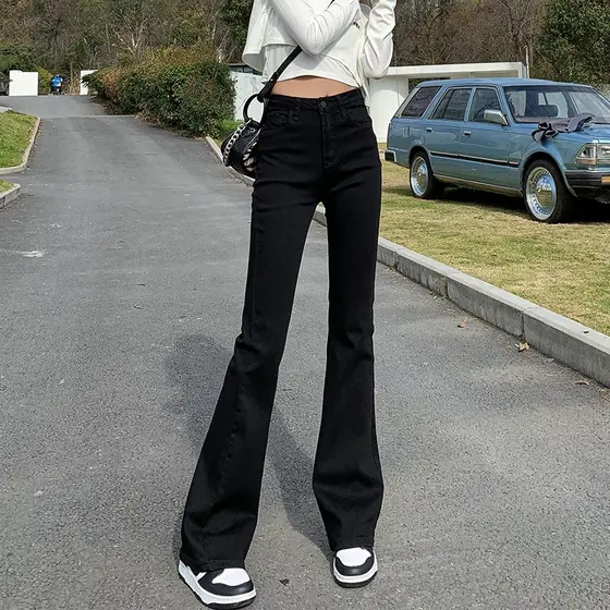 Preto Micro queimado Jeans feminino 2026 primavera verão novo estilo mais magro olhar cintura alta calças de chão alto c