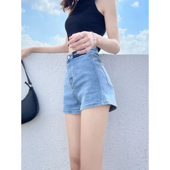 Cintura alta Denim Shorts primavera feminino 2026 novo estilo estilo fino estiramento solto mais magro olhar perna larga