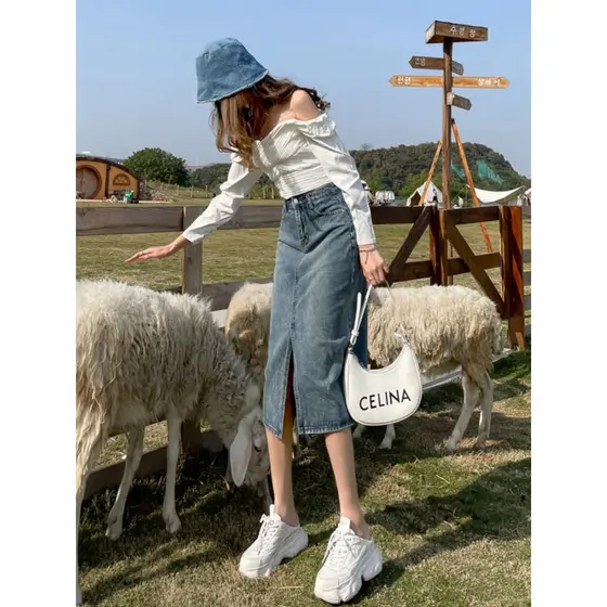 Saia jeans de cintura alta feminina 2026 verão novo estilo a linha Retro divisão comprimento médio Hip-embalado saia pri