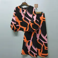 Lazer set2024 primavera verão novo estilo feminino impressão geométrica terno Casual boêmio topo calças de perna larga