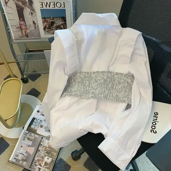 Camisa feminina primavera outono estilo fino ins estilo legal Design nicho estilo francês chique camisa de duas peças te