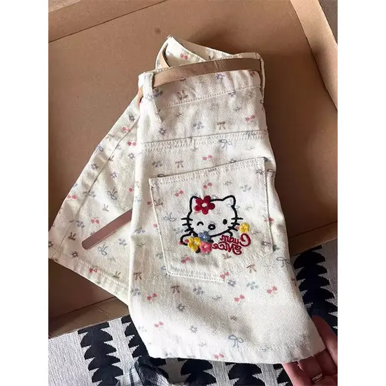 Desenhos animados gatinho gato Bowknot Floral Denim Shorts feminino primavera novo estilo Plus Size gordura mm perna lar