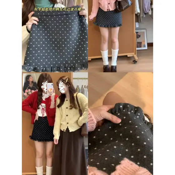 Francês Retro temperamento Polka Dot saia de lã feminina primavera novo estilo gordura mm Plus Size saia curta cintura a