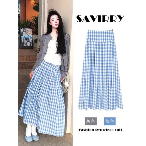 Tamanho grande gordura mm suave estilo coreano azul xadrez saia feminina primavera novo estilo Preppy High-End A linha s