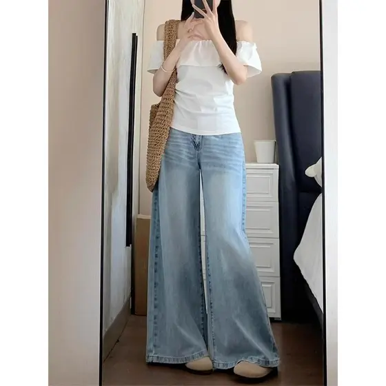 Retro calças de brim de perna larga feminina primavera novo estilo solto Drape gordura mm mais magro olhar tamanho grand