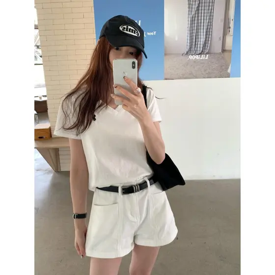 Branco solto em linha reta Denim Shorts feminino primavera novo estilo Plus Size gordura mm cintura alta mais magro olha
