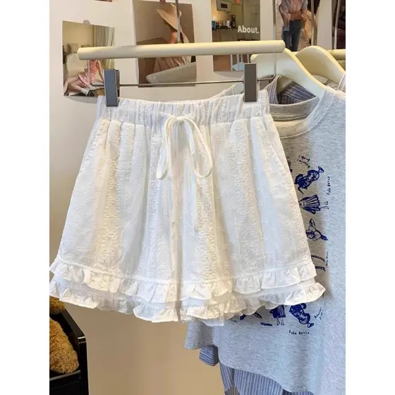 Estilo coreano fungo borda renda bordado branco Shorts feminino primavera estilo fino tamanho grande gordura mm exterior