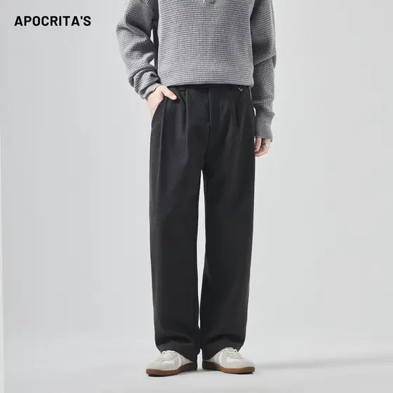 Roupas Masculinas|Calças masculinas de lã inverno grosso solto reto Drape Anti-rugas calças casuais de negócios