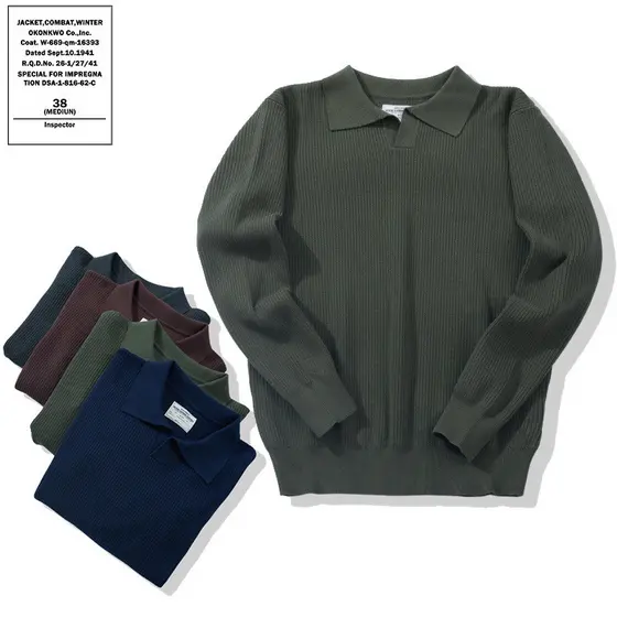 Camisa polo italiana de manga comprida com gola gaivota, estampa trançada, algodão puro, lapela, suéter de malha grossa