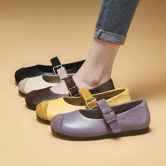 Retro mocassins femininos primavera novo estilo All-Match único sapatos femininos camada superior de couro boca rasa fiv
