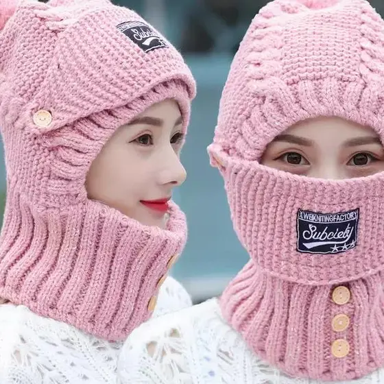 Chapéu feminino inverno malha proteção de orelha quente chapéu de lã babador máscara integrado cachecol chapéu ciclismo