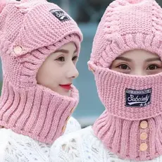 Chapéu feminino inverno malha proteção de orelha quente chapéu de lã babador máscara integrado cachecol chapéu ciclismo