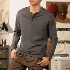Americano Retro de manga comprida henry camisa gola aberta cara resistente exterior usar fino henry colarinho camisa de