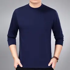 Camiseta masculina de manga comprida para idosos de meia-idade, cor sólida, tamanho grande, gola redonda, inverno, outon